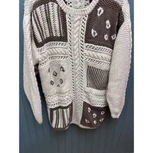CHAUS Women's Size M Patchwork Knit Sweater Cream‎ Brown Cable Knit thumbnail 2