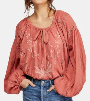 Free People Maria Long Sleeve Cotton Tie Neck Embroidered Blouse Coral Red M thumbnail 1