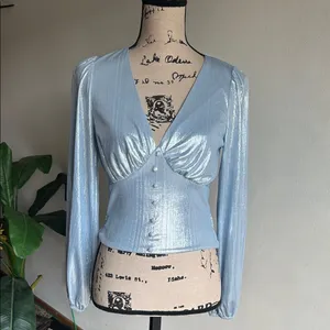 Anthropologie Flat White Shine Blue Iridescent Blouse Size XS NWT thumbnail 7