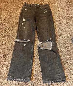 VERVET BLUE‎ Women's Charcoal Black Distressed Ripped Straight Leg Jeans thumbnail 1