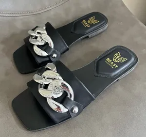 Beast Fashion Black Square Toe Slides Chunky Silver Chain Sandals 6.5 thumbnail 1