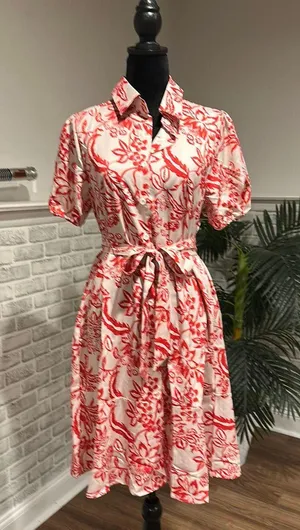 Red And Cream Floral Shirt Dress With Belt (M) thumbnail 1