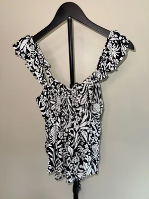 LOFT Black and White Tropical Print Smocked Ruffle Strap Tank Top-S thumbnail 2