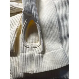 Ribbed‎ Long Sleeve Crop Top Thumbhole Leggings Set Workout Athleisure Cream M thumbnail 5