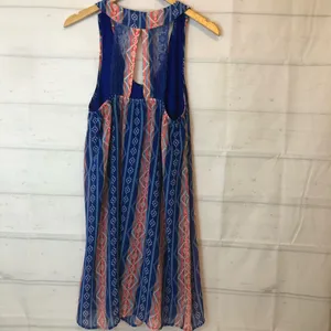 Umgee boho sleeveless striped Aztec print lace back keyhole flowy mini dress thumbnail 2