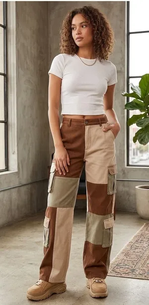 Hot & Delicious Patchwork Cargo Pants Brown Beige Olive Cotton Relaxed Women's M thumbnail 1