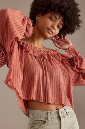 By Anthropologie Women’s Size XL Rose Pink Sheer Stripe Long Sleeve Cropped Top thumbnail 1