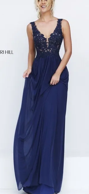 Sherri Hill Women’s 50255 Navy Maxi Prom Dress Lace Chiffon Size 0 thumbnail 1