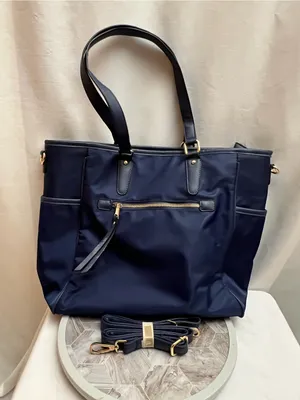XB Navy Blue Nylon Tote Bag Laptop Travel Shoulder Purse Gold Hardware thumbnail 1