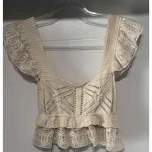 ZARA Women’s S Cream Crochet Knit Lace Ruffle Peplum Top Boho Romantic Festival thumbnail 6
