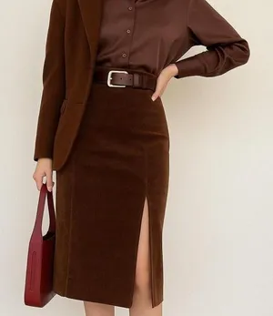Retro brown Corduroy Slit Skirt Female Mid-length High Waist‎ Elegant Skirt xxs thumbnail 1