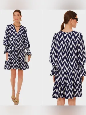 Tuckernuck Pomander Place Navy Ikat Kenzo Dress Empire Waist Swing Tiered XS thumbnail 6
