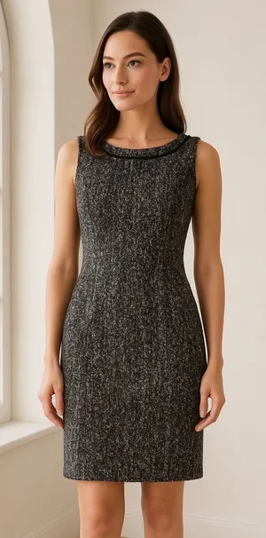 Talbots Dress Women 6‎ Black White Tweed Sheath Knee Length Fringe Neck Preppy thumbnail 1