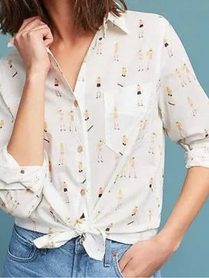 Anthropologie Acote’ Skater Rollerskating Kitschy Beach Novelty Resortwear Cotton Blouse L thumbnail 1