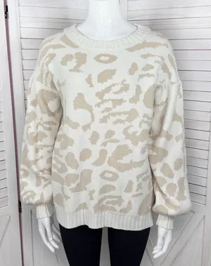 Pink Lily Animal Cheetah Print Balloon Sleeve Sweater Ivory Tan‎ Small thumbnail 1