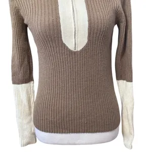 Long Sleeve Sweater Color Block Contrast Quarter Zip Drop Shoulder Beige Brown M thumbnail 3