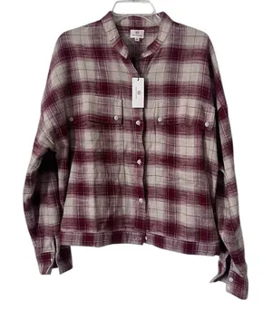 Ag Adriano‎ Goldschmied Burgundy and Cream Smith Plaid Shirt Jacket NWT Medium thumbnail 1