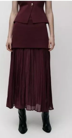 NWT ZARA WOMAN HIGH-WAIST COMBINED PLEATED KNIT SKIRT in BURGUNDY. Size Medium thumbnail 6