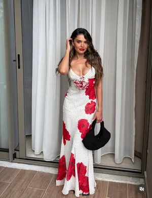 Zara maxi long Floral Red and White ruffled bodycon Dress evening party wedding thumbnail 13
