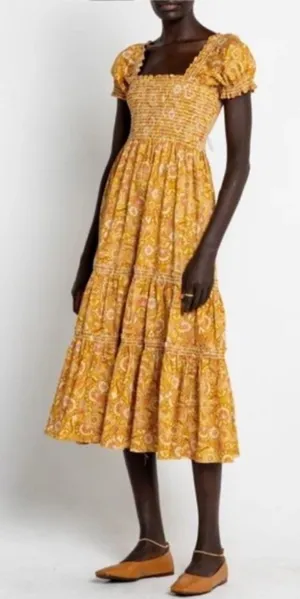 O.P.T‎ Daphne Square Neck Smocked Maxi Dress M Mustard Paisley Sz XS thumbnail 1