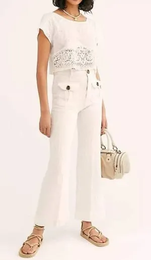 Free People Boca Belle Linen Blend Hi-Rise Bell Bottom Wide Leg Pants Size 10 thumbnail 1