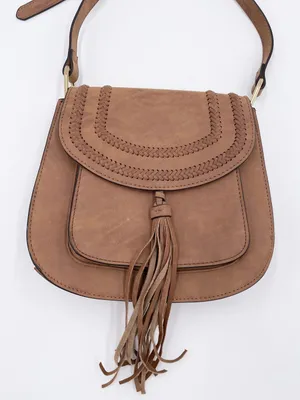 Franco Sarto Tan Faux Suede Leather Crossbody Saddle Bag Purse Fringe Boho thumbnail 3