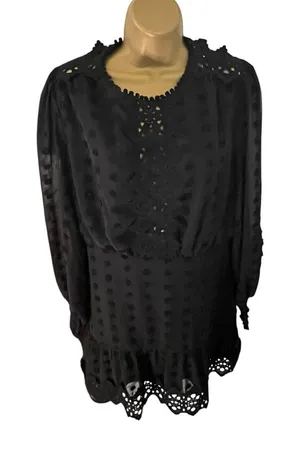 Lulus Swiss Dot Fit & Flare Dress Lace Trim Long Sleeve Black M thumbnail 1