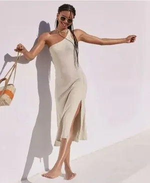 Aerie Women's One shoulder Ribbed Midi Dress‎ Beige Size Small thumbnail 1