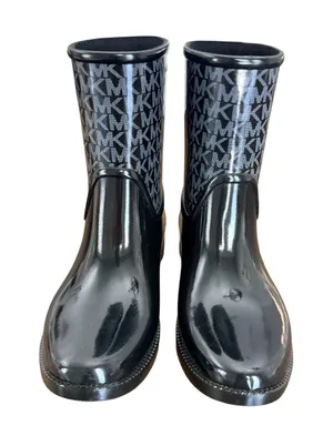 Michael Kors Womens Sutter Black Monogram Logo Glossy Rubber Rain Boots Size 6 thumbnail 1