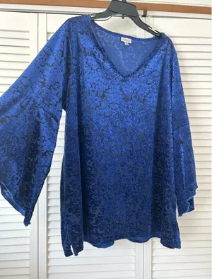 Avenue Royal Blue Burnout Velvet Floral V Neck Long Sleeve Tunic Top Plus‎ 18 20 thumbnail 1