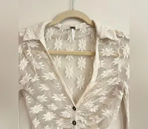 Free People Flower Fields Sheer Mesh Button-Front Shirt Cream Size XS thumbnail 4