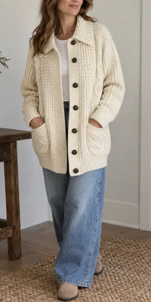 Bonner of Ireland Handloomed 100% Wool Aran Cable Knit Cardigan Cream XL thumbnail 1