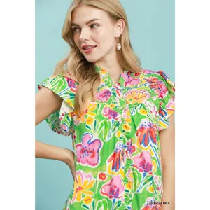Umgee Floral Ruffle Mini Dress - Green Mix - Small thumbnail 6
