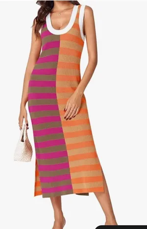 Boutique Striped Knit Maxi Dress Pink Orange Colorblock Side Slit Tank Medium thumbnail 1