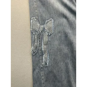 Red Bottoms Women High Waisted Relaxed Straight Rhinestone‎ Bow Jeans 16 (34x30) thumbnail 3