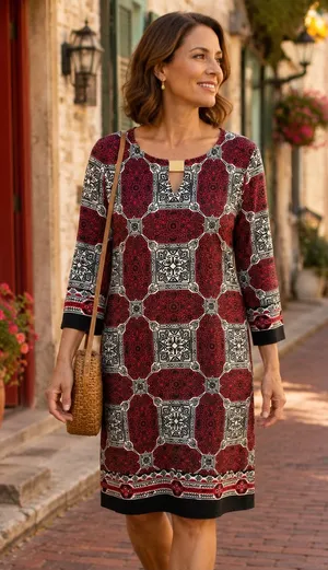 Sunny Leigh Red Black Medallion Print Shift Dress Gold Hardware 3/4 Sleeve Small thumbnail 1