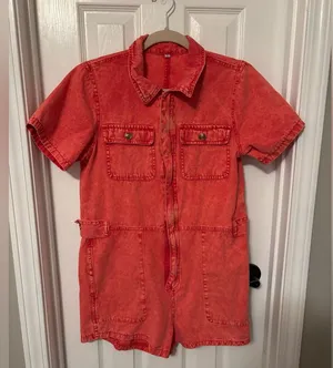 Women's Casual Distressed Zip Short Sleeve Denim Romper size small thumbnail 1