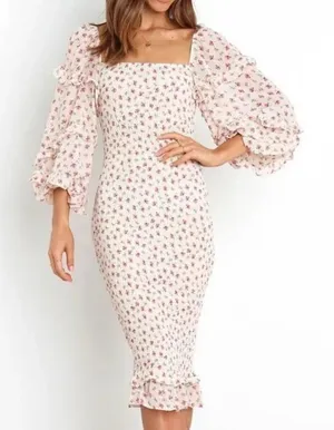 Petal + Pup Orange White‎ Smocked Puff Sleeve Midi Dress thumbnail 1