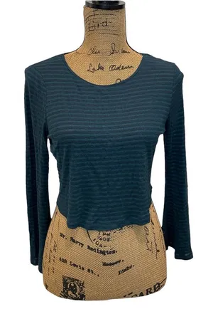 Dark Teal Long Sleeve Scoop Neck Striped Crop Top thumbnail 1