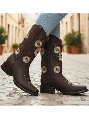 Tronco Viejo Brown Embroidered Floral Square Toe Cowgirl Cowboy Boots Size 7 thumbnail 5