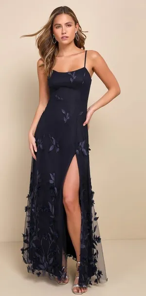 NWT Lulus Abundant Charm Navy Blue 3D Floral Applique Maxi Dress Cocktail Size S thumbnail 1