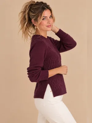 LOFT Burgundy Plum Crewneck Pullover Cable Knit Chunky Sweater Split Hem Medium thumbnail 2