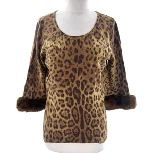 Neiman Marcus collection‎ cashmere fur trim leopard sweater sz L thumbnail 1