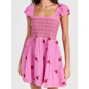 NWT Free People Tory Embroidered Mini Dress Pink Smocked Floral Boho Size Large thumbnail 6