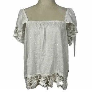 Roxy Crochet Lace Swiss Dot Top Womens Small White Off Shoulder Boho Peasant‎ thumbnail 2