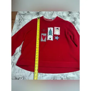 Vintage 90s Red Holiday Patch Fleece Sweater kids large women’s small festive thumbnail 4