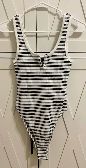 Zara Small Bodysuit Tank Top Black and White Striped thumbnail 1