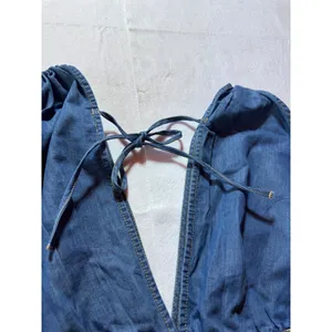 Indulge In Style Denim Jumpsuit XL Blue Wide Leg Halter V-Neck Smocked Waist thumbnail 3