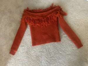Tularosa Burnt Orange Off The Shoulder Fringe Sweater thumbnail 3