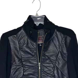 XCVI Women's Jacket Genuine Leather Angora Wool Blend Ruched Moto Black  Medium‎ thumbnail 2